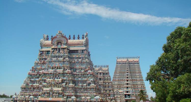Temple complex with clear blue sky.