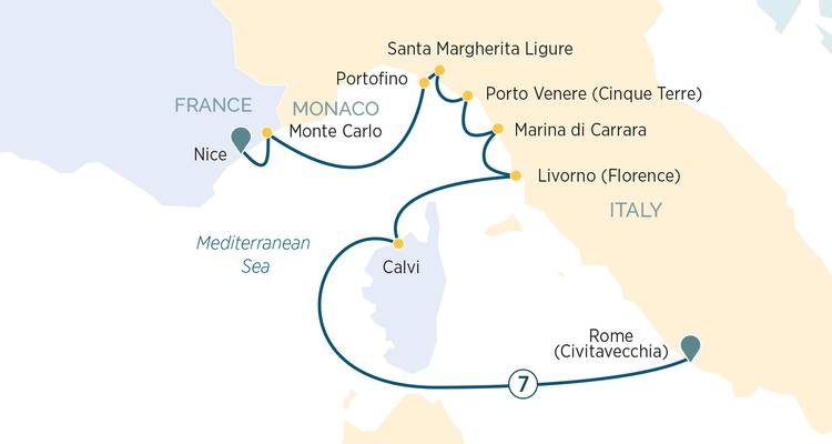 Cruise itinerary map highlighting ports along the French and Italian Rivieras and Monaco.