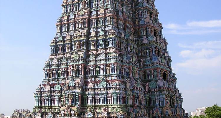 Close-up of a colorful temple gopuram.