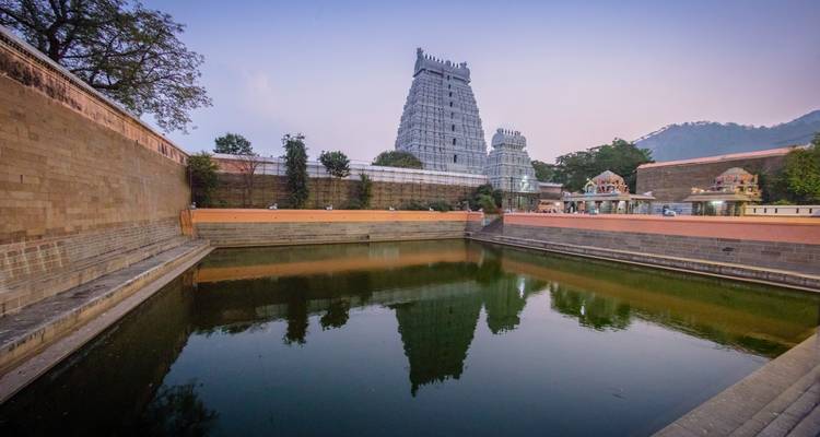 Temple with a pond and hill in the background at dusk.