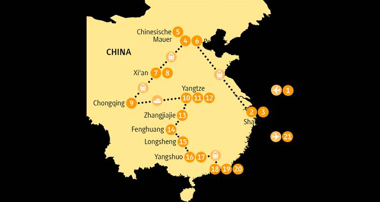 Karte einer Reiseroute in China mit verschiedenen markierten Städten.