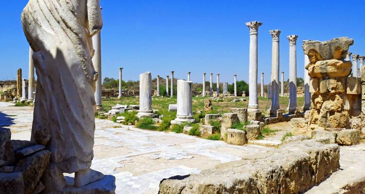 Marble columns and scattered statues remain at the archaeological site of Salamis against a clear sky.