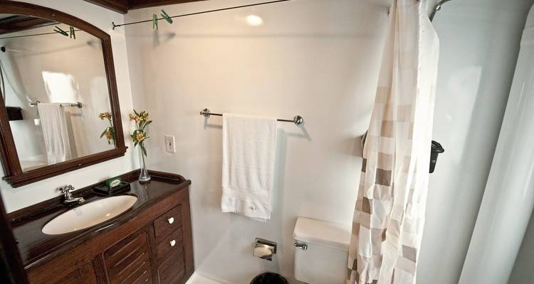 Baño con comodidades modernas en un barco.