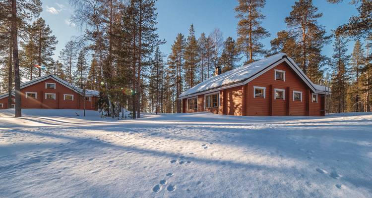 Cabañas de madera en un paisaje nevado con árboles.