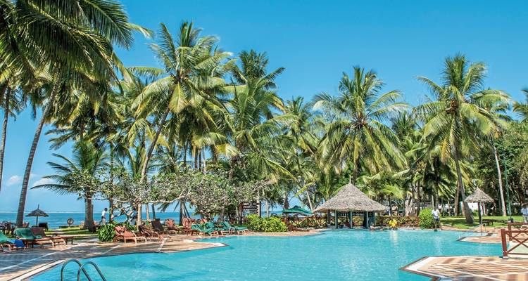 Resort pool area surrounded by tropical palm trees.
