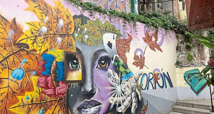 Colorful street art with faces and nature motifs painted on a wall.