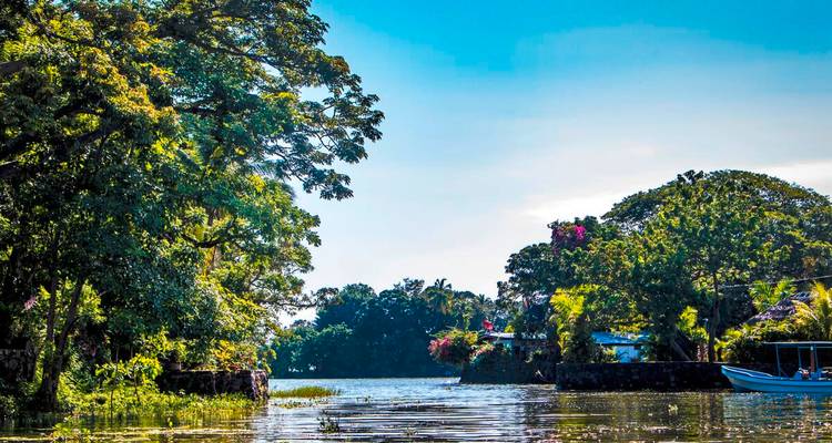 Voie navigable tropicale tranquille bordée d'arbres verdoyants luxuriants et de petits îlots sous un ciel bleu éclatant