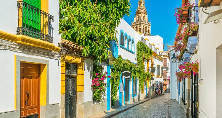 Colorful street in Cordoba, Spain, with flowers and architectural details.