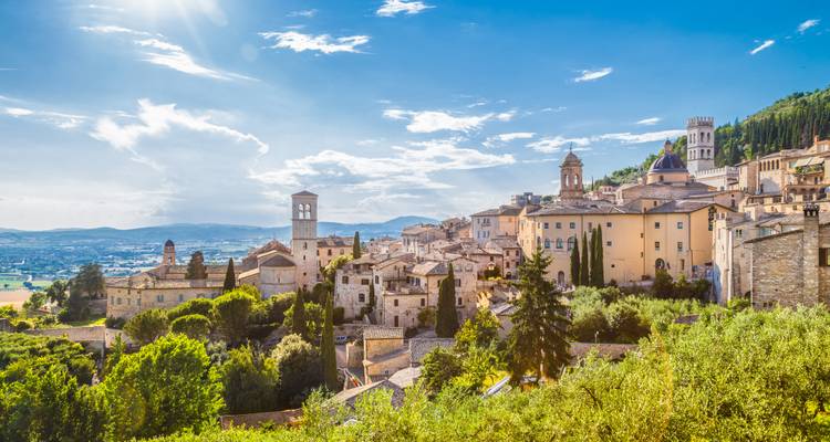 View of Assisi with its historic buildings and lush landscape.