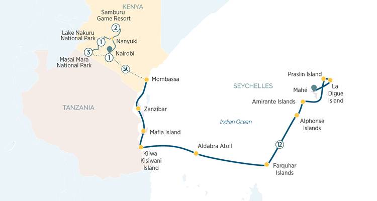 Routenkarte, die eine kombinierte Kenia-Safari und Seychelleninseln-Reise hervorhebt.