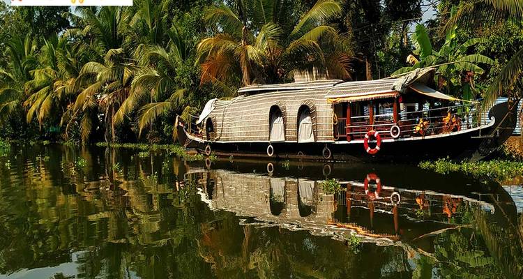 Houseboat on a calm waterway, surrounded by lush greenery.