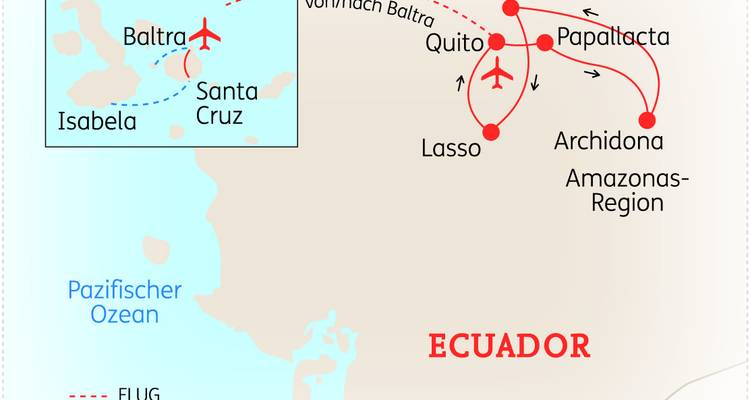 Tourenkarte von Ecuador und Galápagos-Route mit gekennzeichneten Flügen und Zwischenstopps