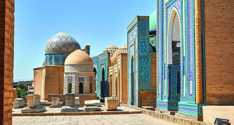 Colorful mosaic tombs in Shah-i-Zinda, Samarkand.