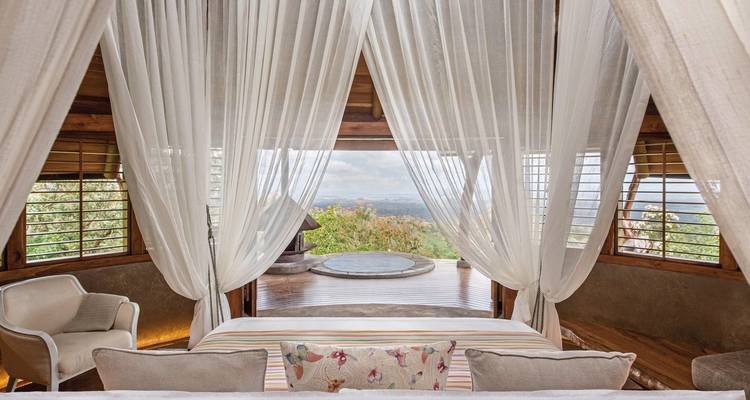 Luxurious bedroom with canopy curtains and distant view.