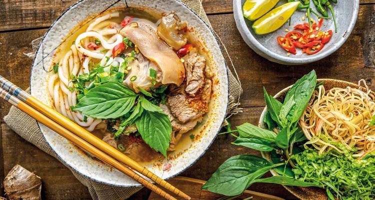 Traditional Vietnamese dish with fresh herbs and meat.