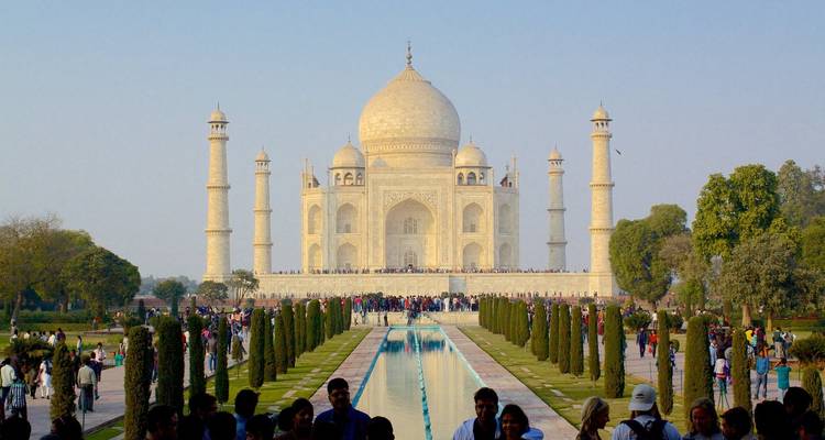 Taj Mahal with a crowd of visitors.