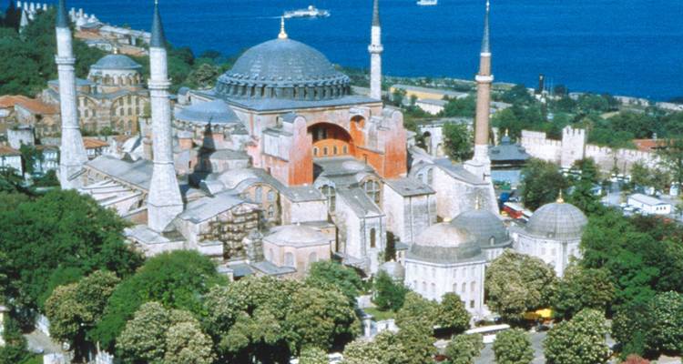 Aerial view of a mosque with coastal backdrop.