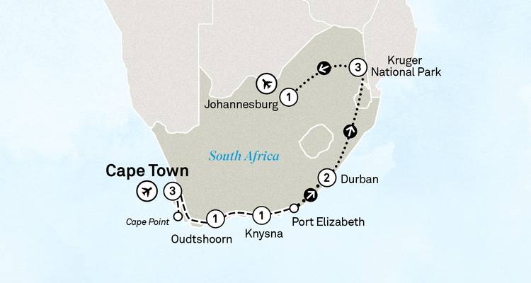 Illustrated map showing a multi-city travel route across South Africa with icons for flights and transfers.