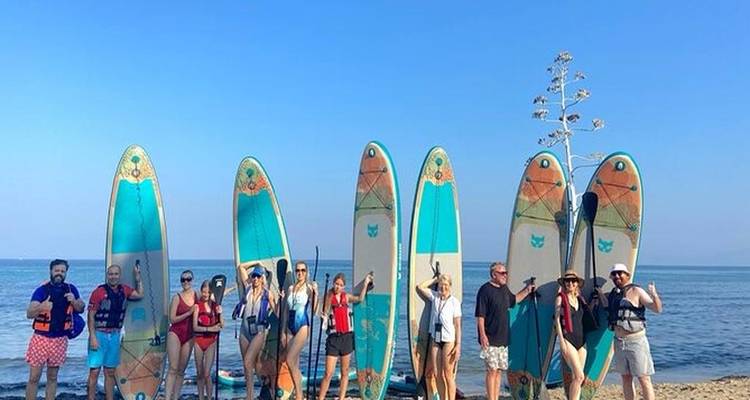 Group of people with paddleboards on a beach, ocean in background.