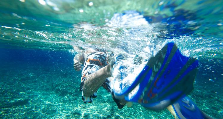 Foto submarina de un buceador de superficie impulsándose a través de un agua turquesa cristalina.