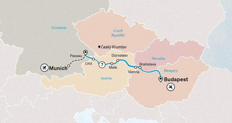Danube cruise route map from Munich to Budapest via Linz and Vienna