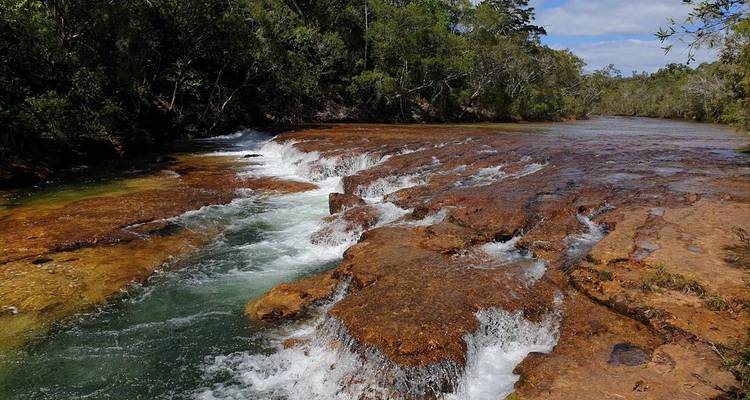 Petite cascade tombant sur des formations rocheuses dans une zone boisée.