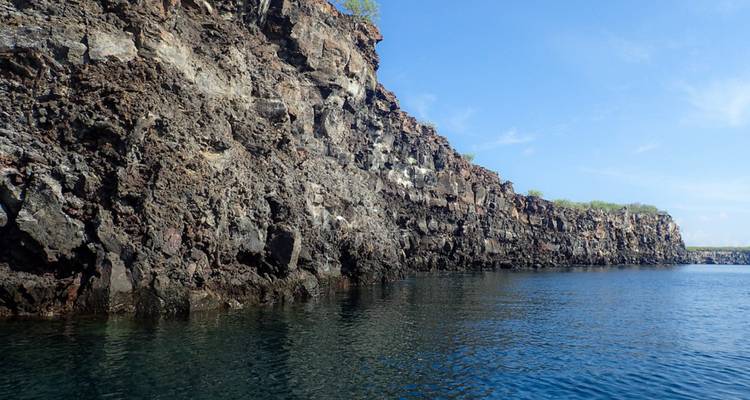 Sheer dark volcanic cliff plunges into calm blue water under clear sky.