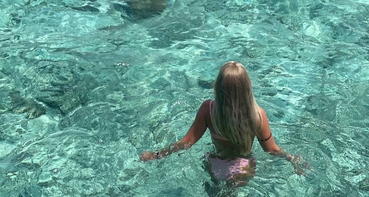 Personne dans une eau océanique claire, vue de derrière.