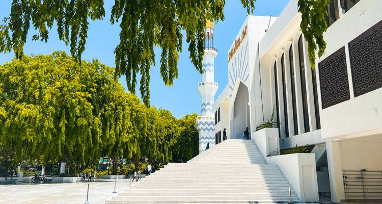 Mosquée blanche avec un minaret et des arbres au premier plan.