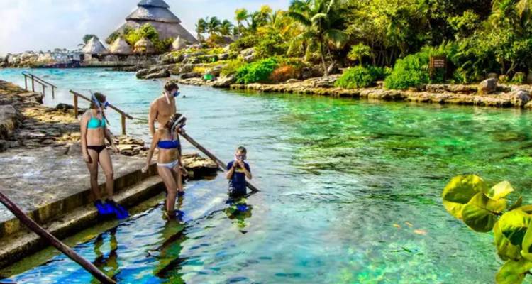 Menschen, die kurz davor stehen, in einer lebendigen Unterwasserumgebung zu schnorcheln.