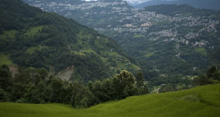 Valleys and hills covered in greenery with a town in the distance.