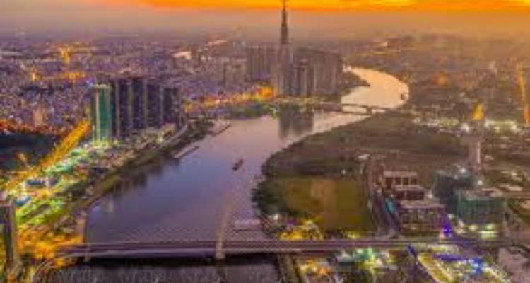 Blurry cityscape during sunset.