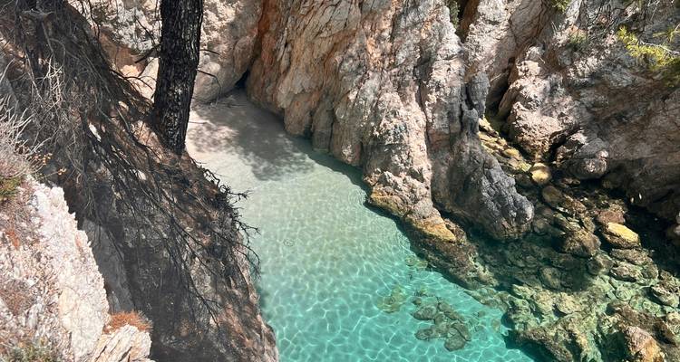 Cala con agua clara y poco profunda y bordes rocosos.