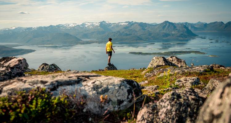 Personne contemplant une vue panoramique pittoresque de montagnes et d'eau.