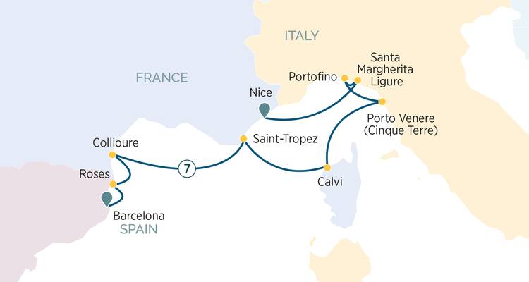 Map of a western Mediterranean sailing route from Barcelona to Portovenere via Saint-Tropez and Portofino.