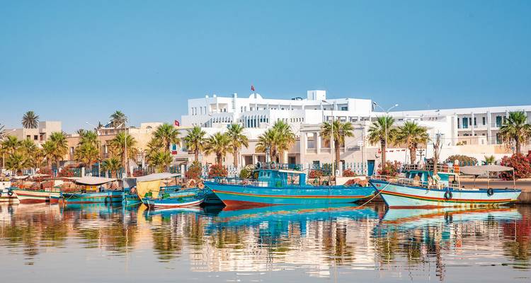 Colorful boats docked at a coastal town with palm trees and white buildings.