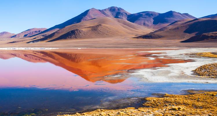 Levendige rode wateren van Laguna Colorada weerspiegelen omringende bruine bergen onder een hemelsblauw hemel.