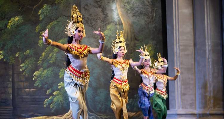 Traditional Cambodian dancers in colorful costumes.