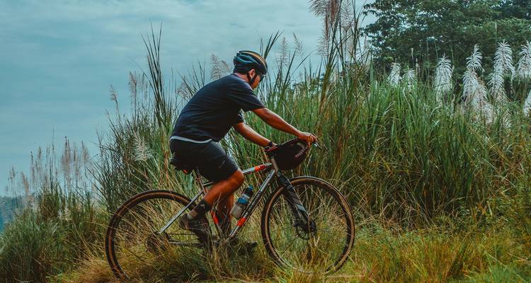Un cycliste parcourt un sentier de gravier à travers de hautes herbes sous un ciel bleu-gris.
