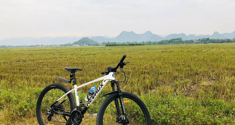 A lone mountain bike rests beside expansive harvested fields with hazy hills in the distance.