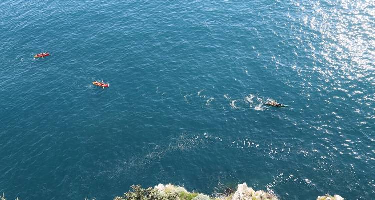 Kayakistes pagayant dans l'océan près de falaises.