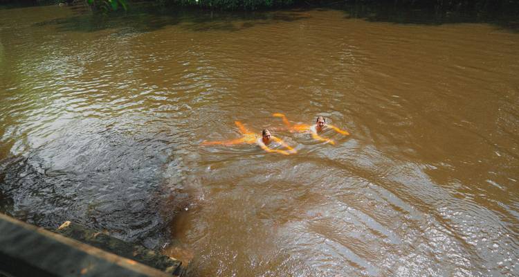 Two swimmers enjoy the brown waters of a jungle river surrounded by lush foliage.
