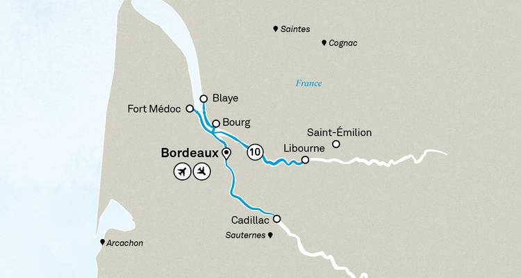 Mapa de rutas y destinos en Burdeos, Francia.