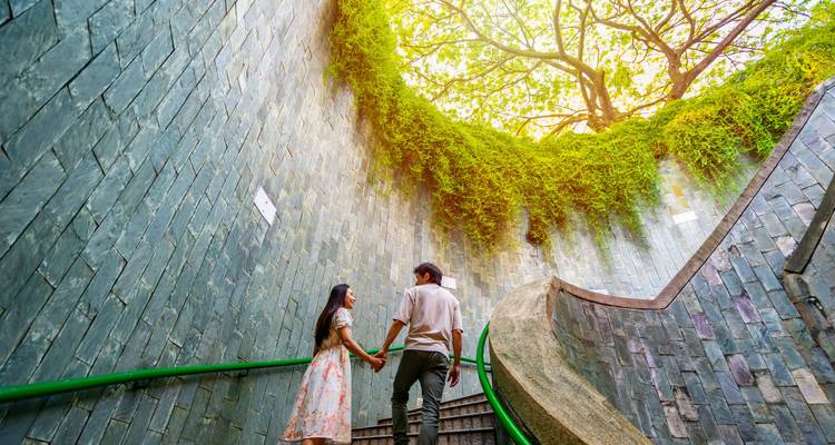Paar, das sich an der Hand hält auf einer malerischen, mit Grün bewachsenen Treppe.