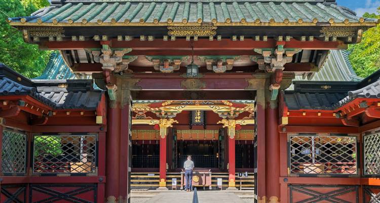 Traditioneller japanischer Tempel mit kunstvoller Holzarbeit in einer üppigen Umgebung.
