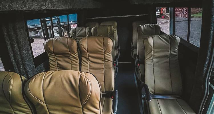 Rows of padded tan and gray passenger seats inside the safari vehicle.