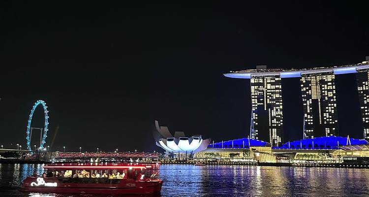 Marina Bay de Singapour la nuit avec le Marina Bay Sands illuminé, le musée ArtScience et la grande roue de Singapour reflétés sur l'eau