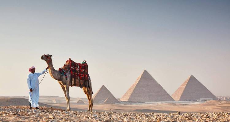 Kamel und sein Reiter vor den Pyramiden von Gizeh.