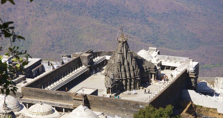 View of Jain temples on a hilltop.