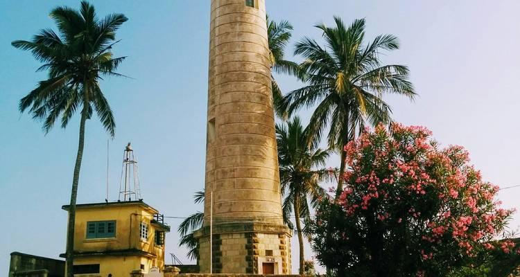 A lighthouse surrounded by palm trees and a clear sky.